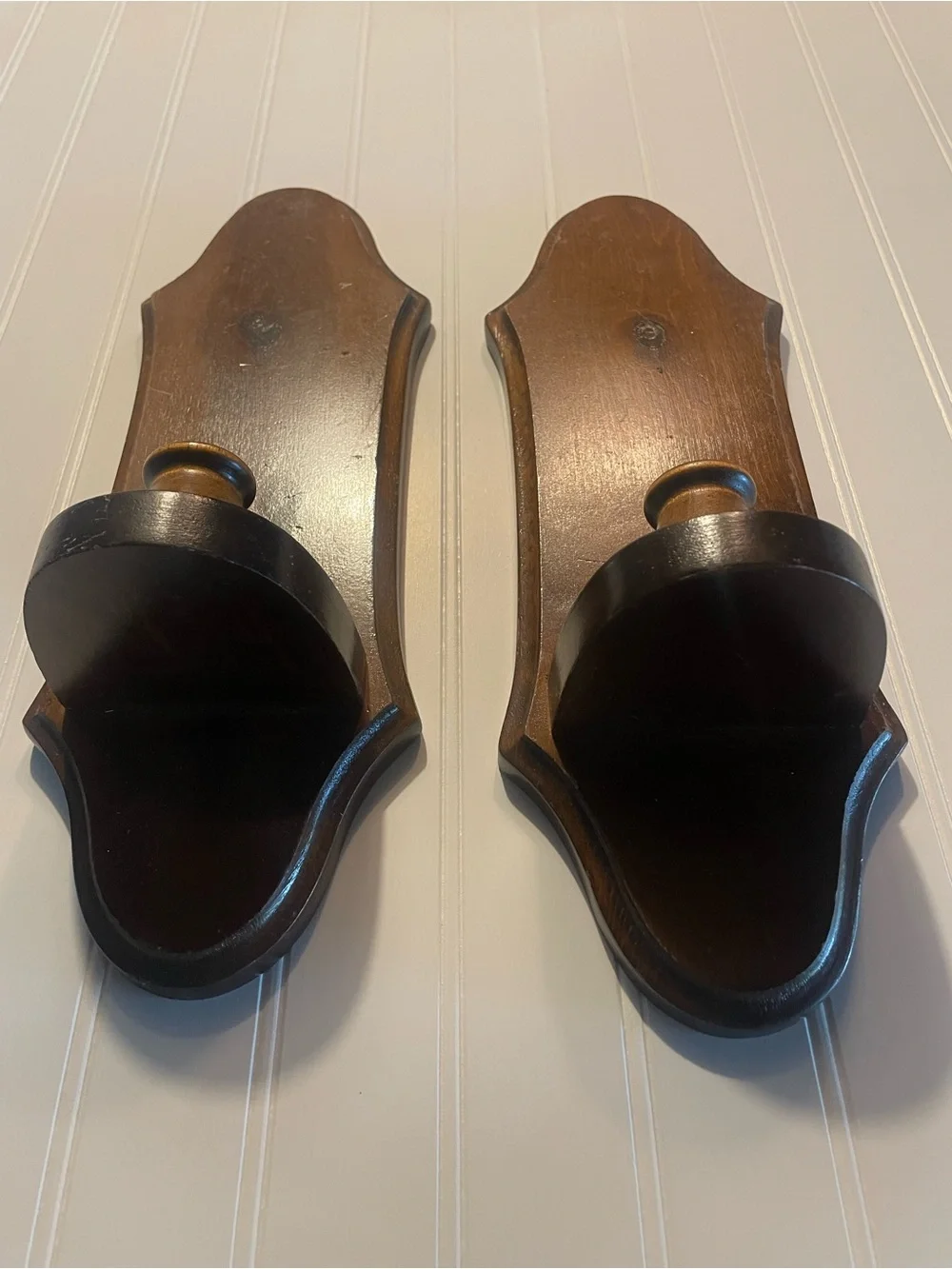 Vintage Wooden Wall Sconces in Dark Brown Walnut - Set of 2 #0215